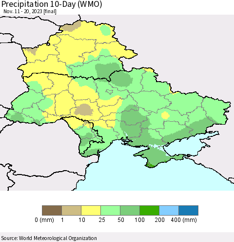 Ukraine, Moldova and Belarus Precipitation 10-Day (WMO) Thematic Map For 11/11/2023 - 11/20/2023