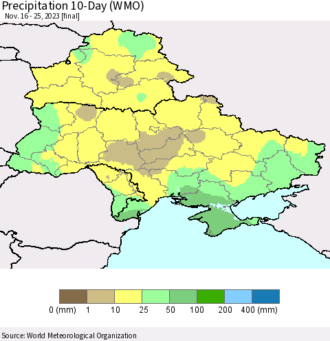 Ukraine, Moldova and Belarus Precipitation 10-Day (WMO) Thematic Map For 11/16/2023 - 11/25/2023