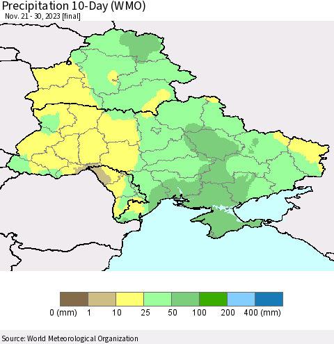 Ukraine, Moldova and Belarus Precipitation 10-Day (WMO) Thematic Map For 11/21/2023 - 11/30/2023