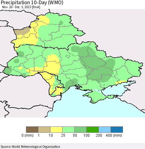 Ukraine, Moldova and Belarus Precipitation 10-Day (WMO) Thematic Map For 11/26/2023 - 12/5/2023