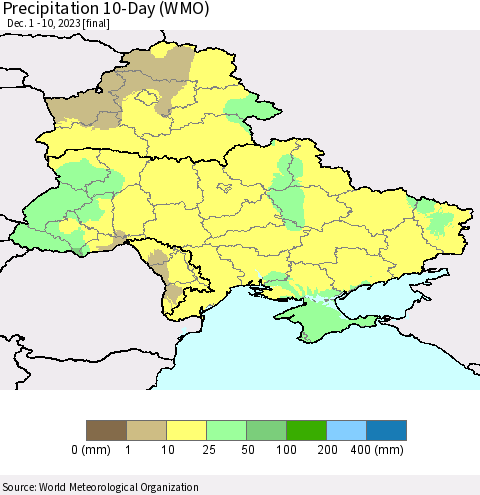 Ukraine, Moldova and Belarus Precipitation 10-Day (WMO) Thematic Map For 12/1/2023 - 12/10/2023