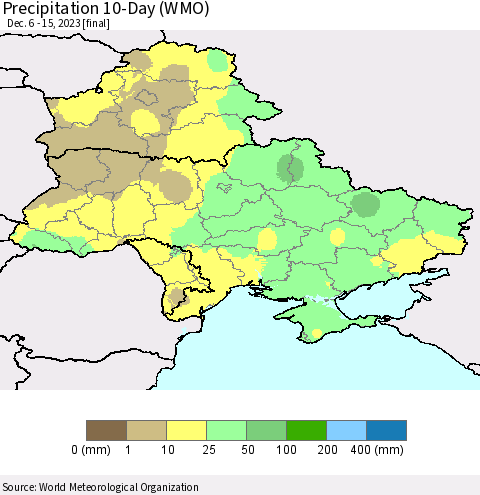Ukraine, Moldova and Belarus Precipitation 10-Day (WMO) Thematic Map For 12/6/2023 - 12/15/2023