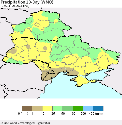 Ukraine, Moldova and Belarus Precipitation 10-Day (WMO) Thematic Map For 12/11/2023 - 12/20/2023