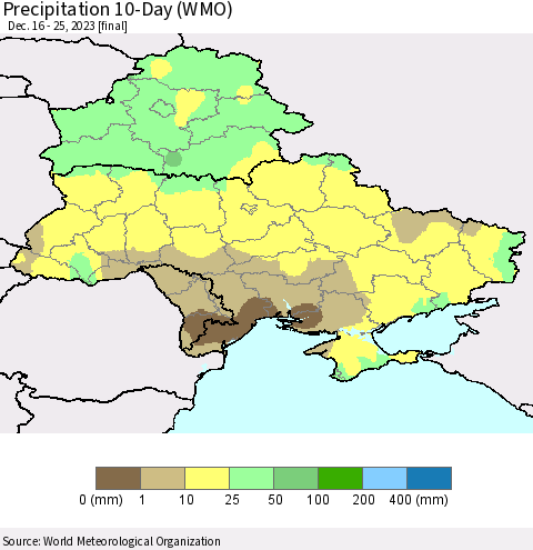 Ukraine, Moldova and Belarus Precipitation 10-Day (WMO) Thematic Map For 12/16/2023 - 12/25/2023