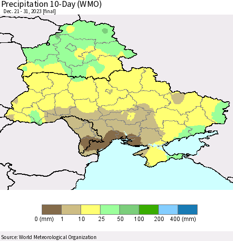 Ukraine, Moldova and Belarus Precipitation 10-Day (WMO) Thematic Map For 12/21/2023 - 12/31/2023