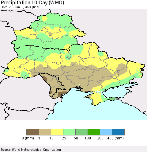 Ukraine, Moldova and Belarus Precipitation 10-Day (WMO) Thematic Map For 12/26/2023 - 1/5/2024