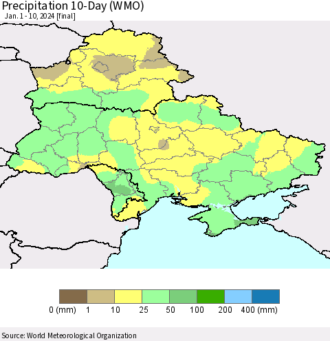 Ukraine, Moldova and Belarus Precipitation 10-Day (WMO) Thematic Map For 1/1/2024 - 1/10/2024