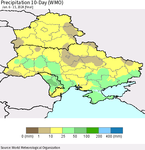 Ukraine, Moldova and Belarus Precipitation 10-Day (WMO) Thematic Map For 1/6/2024 - 1/15/2024
