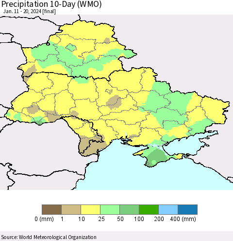 Ukraine, Moldova and Belarus Precipitation 10-Day (WMO) Thematic Map For 1/11/2024 - 1/20/2024