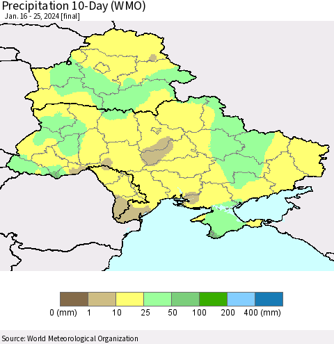 Ukraine, Moldova and Belarus Precipitation 10-Day (WMO) Thematic Map For 1/16/2024 - 1/25/2024