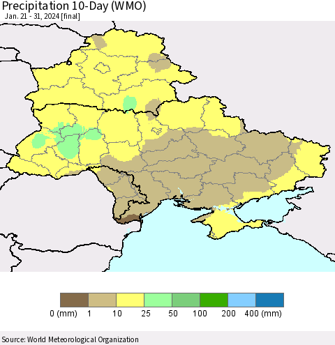 Ukraine, Moldova and Belarus Precipitation 10-Day (WMO) Thematic Map For 1/21/2024 - 1/31/2024