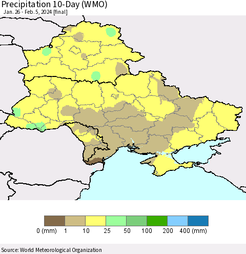 Ukraine, Moldova and Belarus Precipitation 10-Day (WMO) Thematic Map For 1/26/2024 - 2/5/2024