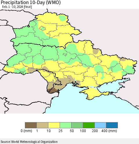 Ukraine, Moldova and Belarus Precipitation 10-Day (WMO) Thematic Map For 2/1/2024 - 2/10/2024