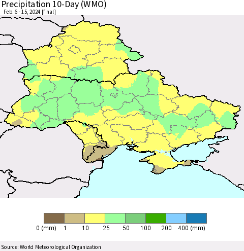 Ukraine, Moldova and Belarus Precipitation 10-Day (WMO) Thematic Map For 2/6/2024 - 2/15/2024