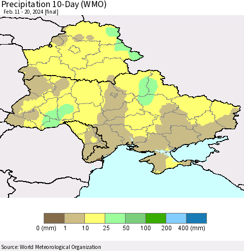 Ukraine, Moldova and Belarus Precipitation 10-Day (WMO) Thematic Map For 2/11/2024 - 2/20/2024