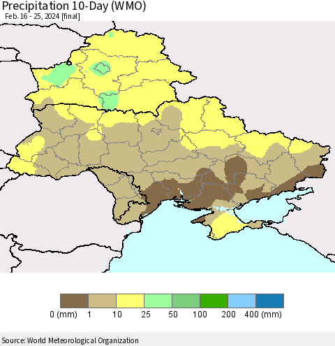 Ukraine, Moldova and Belarus Precipitation 10-Day (WMO) Thematic Map For 2/16/2024 - 2/25/2024