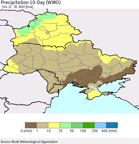 Ukraine, Moldova and Belarus Precipitation 10-Day (WMO) Thematic Map For 2/21/2024 - 2/29/2024