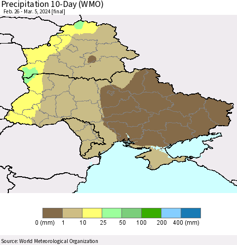 Ukraine, Moldova and Belarus Precipitation 10-Day (WMO) Thematic Map For 2/26/2024 - 3/5/2024