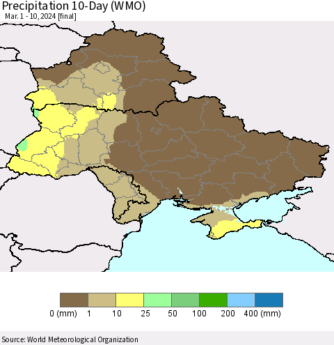 Ukraine, Moldova and Belarus Precipitation 10-Day (WMO) Thematic Map For 3/1/2024 - 3/10/2024