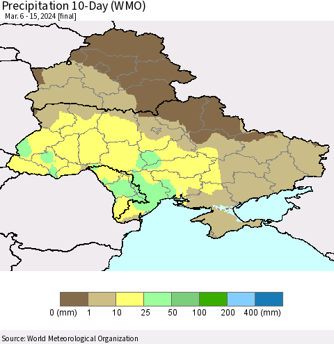 Ukraine, Moldova and Belarus Precipitation 10-Day (WMO) Thematic Map For 3/6/2024 - 3/15/2024