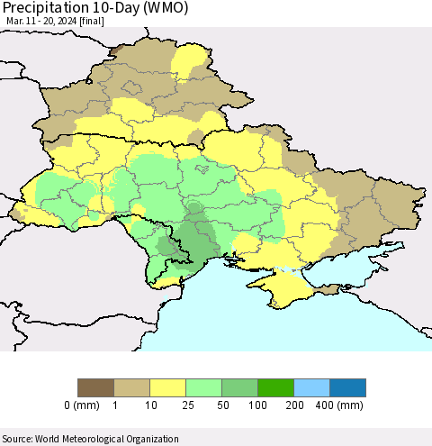 Ukraine, Moldova and Belarus Precipitation 10-Day (WMO) Thematic Map For 3/11/2024 - 3/20/2024
