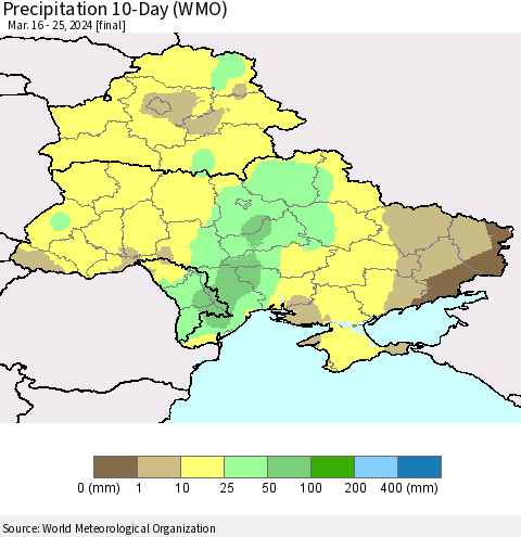 Ukraine, Moldova and Belarus Precipitation 10-Day (WMO) Thematic Map For 3/16/2024 - 3/25/2024