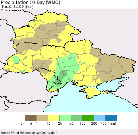 Ukraine, Moldova and Belarus Precipitation 10-Day (WMO) Thematic Map For 3/21/2024 - 3/31/2024