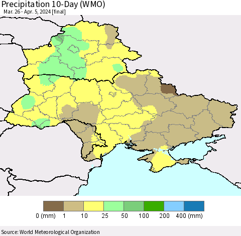 Ukraine, Moldova and Belarus Precipitation 10-Day (WMO) Thematic Map For 3/26/2024 - 4/5/2024