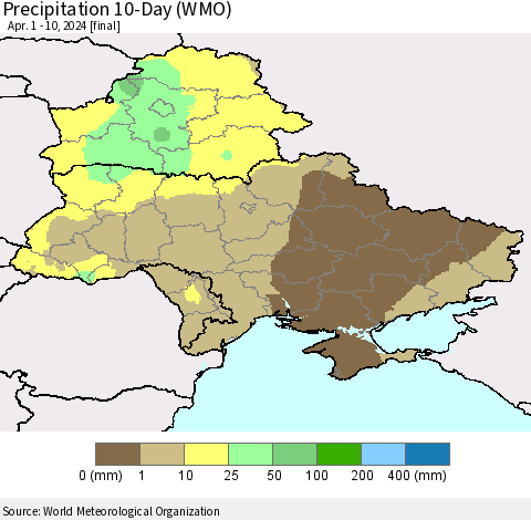 Ukraine, Moldova and Belarus Precipitation 10-Day (WMO) Thematic Map For 4/1/2024 - 4/10/2024