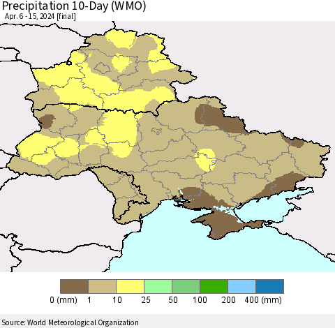 Ukraine, Moldova and Belarus Precipitation 10-Day (WMO) Thematic Map For 4/6/2024 - 4/15/2024