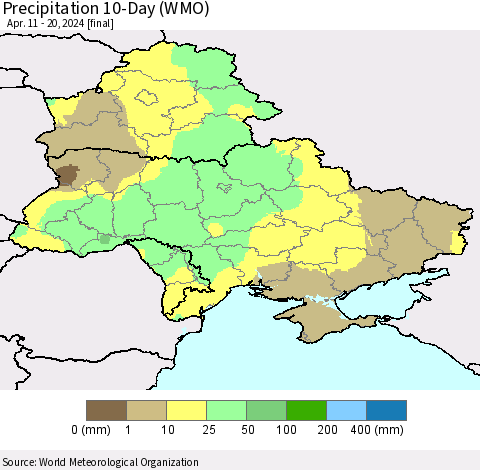 Ukraine, Moldova and Belarus Precipitation 10-Day (WMO) Thematic Map For 4/11/2024 - 4/20/2024