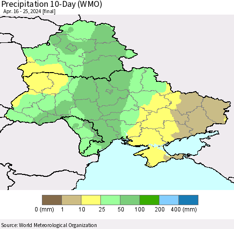Ukraine, Moldova and Belarus Precipitation 10-Day (WMO) Thematic Map For 4/16/2024 - 4/25/2024