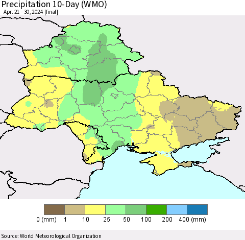 Ukraine, Moldova and Belarus Precipitation 10-Day (WMO) Thematic Map For 4/21/2024 - 4/30/2024