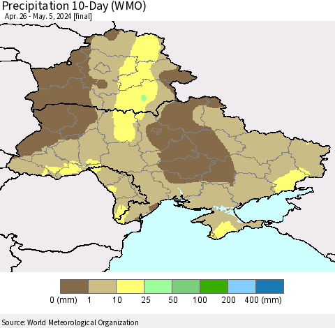 Ukraine, Moldova and Belarus Precipitation 10-Day (WMO) Thematic Map For 4/26/2024 - 5/5/2024