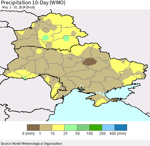 Ukraine, Moldova and Belarus Precipitation 10-Day (WMO) Thematic Map For 5/1/2024 - 5/10/2024