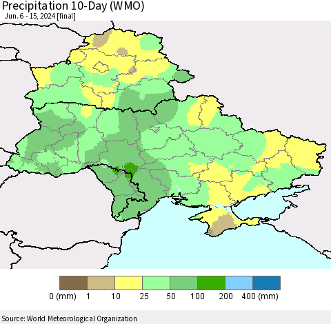 Ukraine, Moldova and Belarus Precipitation 10-Day (WMO) Thematic Map For 6/6/2024 - 6/15/2024