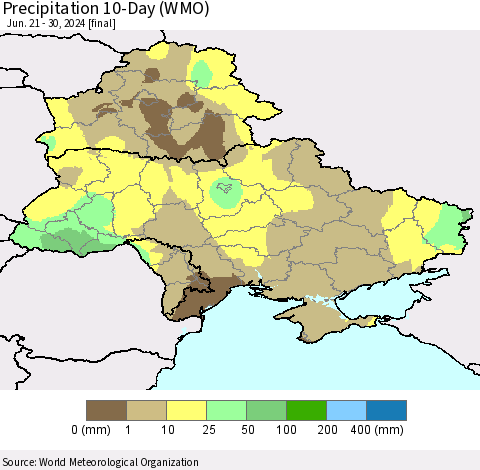Ukraine, Moldova and Belarus Precipitation 10-Day (WMO) Thematic Map For 6/21/2024 - 6/30/2024