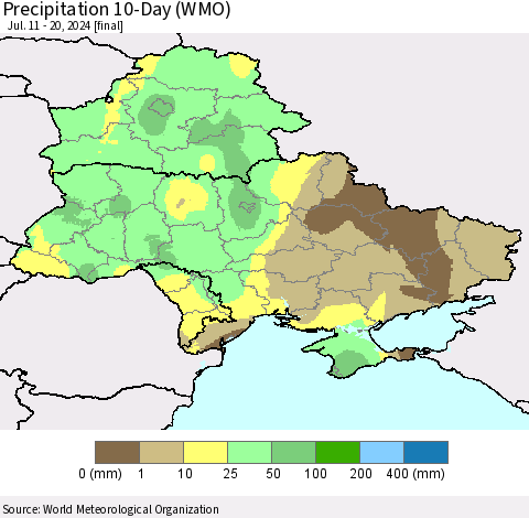 Ukraine, Moldova and Belarus Precipitation 10-Day (WMO) Thematic Map For 7/11/2024 - 7/20/2024