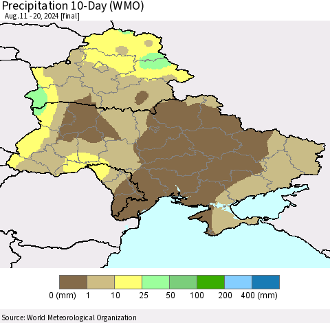 Ukraine, Moldova and Belarus Precipitation 10-Day (WMO) Thematic Map For 8/11/2024 - 8/20/2024