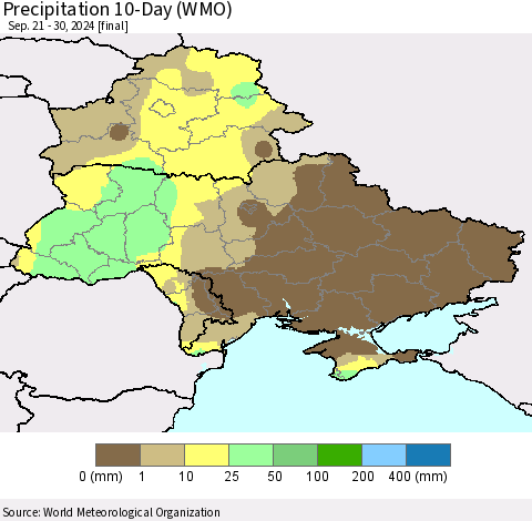 Ukraine, Moldova and Belarus Precipitation 10-Day (WMO) Thematic Map For 9/21/2024 - 9/30/2024