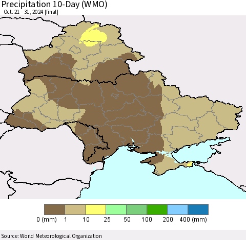 Ukraine, Moldova and Belarus Precipitation 10-Day (WMO) Thematic Map For 10/21/2024 - 10/31/2024