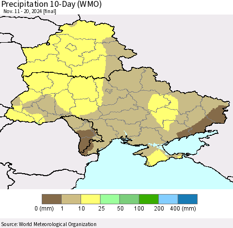 Ukraine, Moldova and Belarus Precipitation 10-Day (WMO) Thematic Map For 11/11/2024 - 11/20/2024