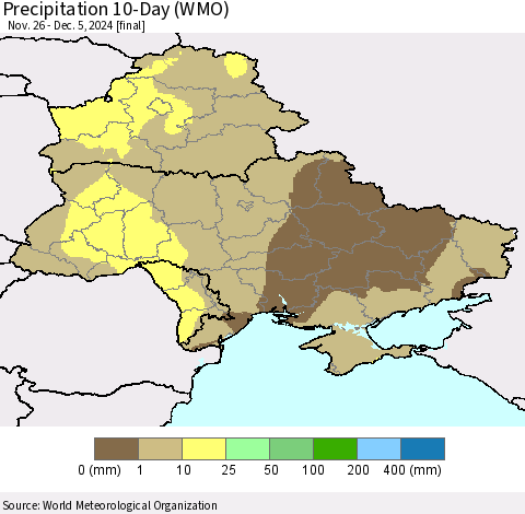 Ukraine, Moldova and Belarus Precipitation 10-Day (WMO) Thematic Map For 11/26/2024 - 12/5/2024
