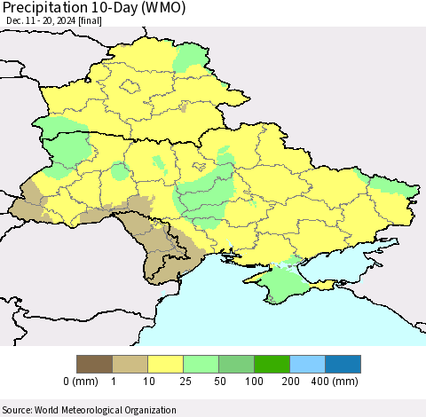 Ukraine, Moldova and Belarus Precipitation 10-Day (WMO) Thematic Map For 12/11/2024 - 12/20/2024