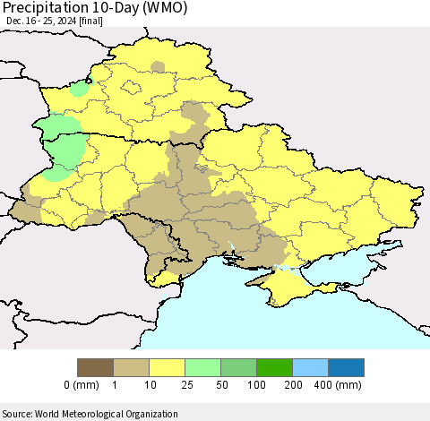 Ukraine, Moldova and Belarus Precipitation 10-Day (WMO) Thematic Map For 12/16/2024 - 12/25/2024
