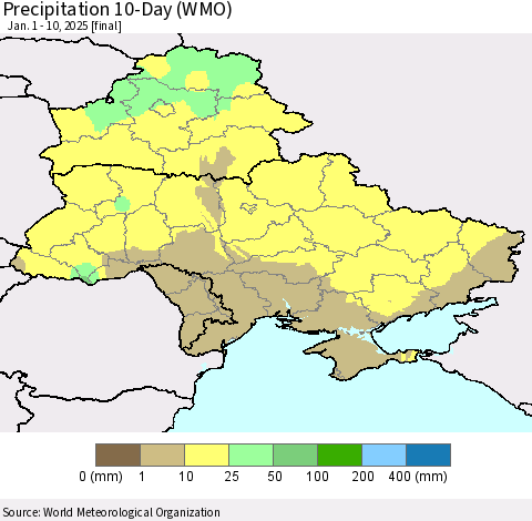 Ukraine, Moldova and Belarus Precipitation 10-Day (WMO) Thematic Map For 1/1/2025 - 1/10/2025