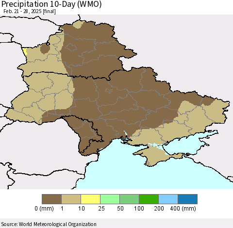 Ukraine, Moldova and Belarus Precipitation 10-Day (WMO) Thematic Map For 2/21/2025 - 2/28/2025