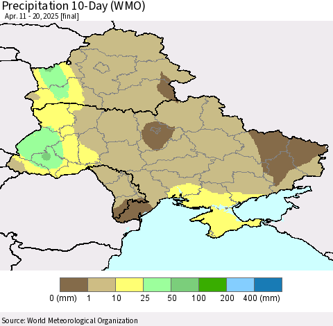 Ukraine, Moldova and Belarus Precipitation 10-Day (WMO) Thematic Map For 4/11/2025 - 4/20/2025