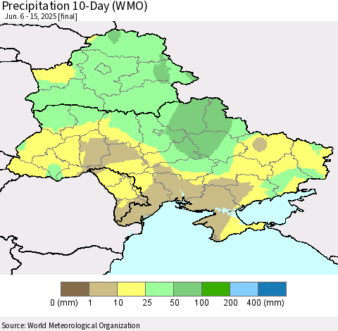 Ukraine, Moldova and Belarus Precipitation 10-Day (WMO) Thematic Map For 6/6/2025 - 6/15/2025