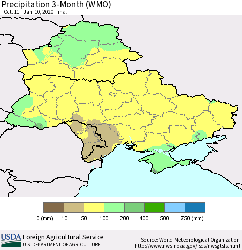 Ukraine, Moldova and Belarus Precipitation 3-Month (WMO) Thematic Map For 10/11/2019 - 1/10/2020